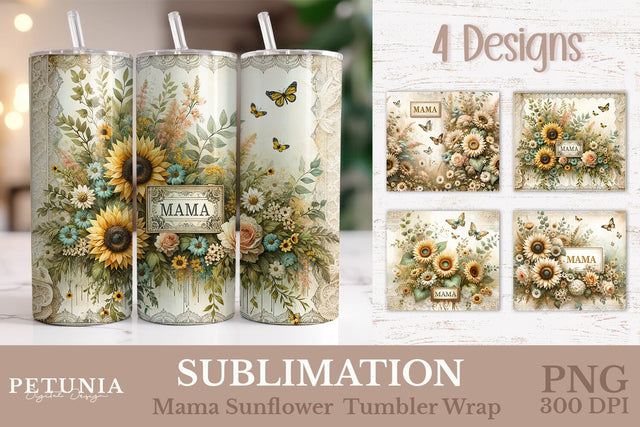 Mama Sunflower Tumbler Wrap | 20oz Mothers Day Tumbler Wrap Sublimation Petunia Digital Design 