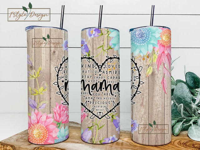 Mama Tumbler PNG, Floral Sublimation Tumbler Design, Mom Quote Tumbler Wrap, Mothers Day 20 oz Skinny Tumbler, Seamless Tumbler Template Sublimation iStyleDesign 