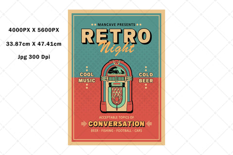 Mancave Presents - Retro Night - Vintage Game Room Poster Art Sublimation Karma Genie Graphics 