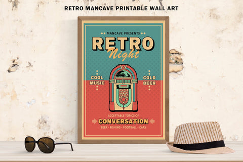 Mancave Presents - Retro Night - Vintage Game Room Poster Art Sublimation Karma Genie Graphics 