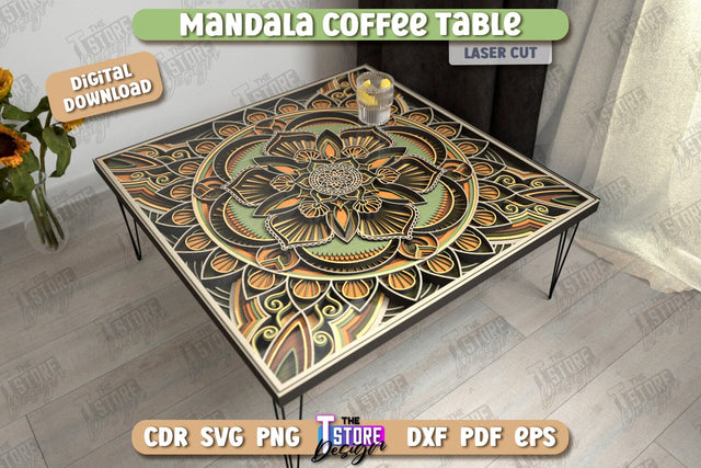 Mandala Coffee Table Laser Cut | Home Interior | Mandala of Patterns | Multilayered Modern Coffee Table | CNC Files SVG The T Store Design 