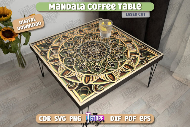 Mandala Coffee Table Laser Cut | Home Interior | Mandala of Patterns | Multilayered Modern Coffee Table | CNC Files SVG The T Store Design 
