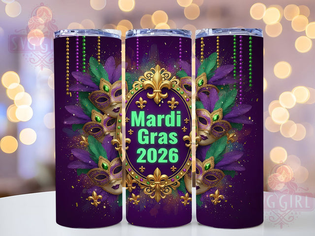 Mardi Gras 2026 Mask Tumbler, Carnival Mask Wrap, Festive Party Cup, 20oz Sublimation Wrap, New Orleans Celebration Tumbler, Glitter Mask Design Cup, Mardi Gras Mask Theme Wrap Sublimation SvggirlplusArt 
