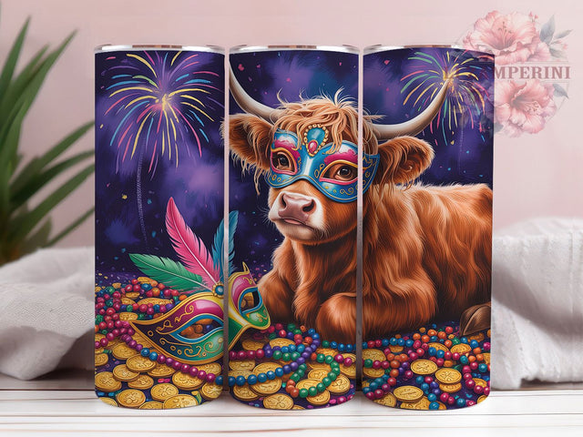 Mardi Gras Baby Cow Tumbler, Carnival Highland Cow Wrap, Festive Party Cup, 20oz Sublimation Wrap, New Orleans Celebration Tumbler, Cute Baby Cow Design Cup, Mardi Gras Animal Theme Wrap Sublimation Li Zamperini 