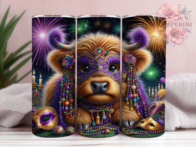 Mardi Gras Baby Cow Tumbler, Carnival Highland Cow Wrap, Festive Party Cup, 20oz Sublimation Wrap, New Orleans Celebration Tumbler, Cute Baby Cow Design Cup, Mardi Gras Animal Theme Wrap Sublimation Li Zamperini 