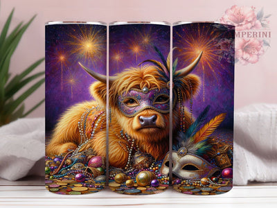 Mardi Gras Baby Cow Tumbler, Carnival Highland Cow Wrap, Festive Party Cup, 20oz Sublimation Wrap, New Orleans Celebration Tumbler, Cute Baby Cow Design Cup, Mardi Gras Animal Theme Wrap Sublimation Li Zamperini 