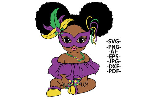 Mardi Gras Baby Girl Clipart SVG PNG JPG PDF EPS DXF AI Afro Girl with Mask Beads and Feathers for Party Sublimation Crafts SVG 1uniqueminute 