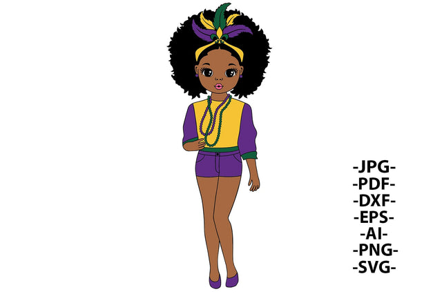 Mardi Gras Black Girl SVG Afro Puff Beads Costume Clipart PNG DXF PDF EPS JPG AI Carnival Parade Digital File for Cricut and Sublimation SVG 1uniqueminute 
