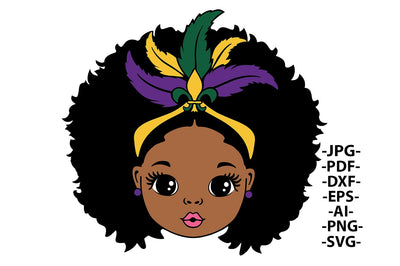 Mardi Gras Black Girl SVG Afro Puff Headband PNG DXF PDF EPS JPG AI Cute Carnival Clipart for Cricut Projects and Party Decorations SVG 1uniqueminute 