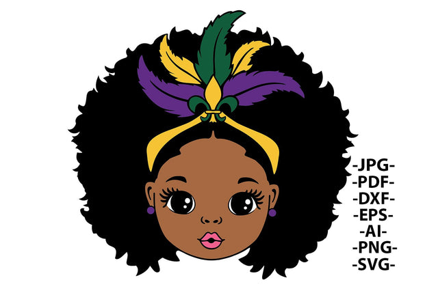 Mardi Gras Black Girl SVG Afro Puff Headband PNG DXF PDF EPS JPG AI Cute Carnival Clipart for Cricut Projects and Party Decorations SVG 1uniqueminute 