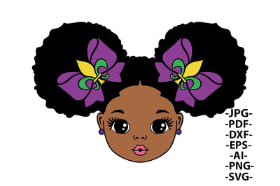 Mardi Gras Black Girl SVG Afro Puffs with Bows Clipart PNG DXF PDF EPS JPG AI Cute Purple Green Gold Design for Cricut and Sublimation SVG 1uniqueminute 