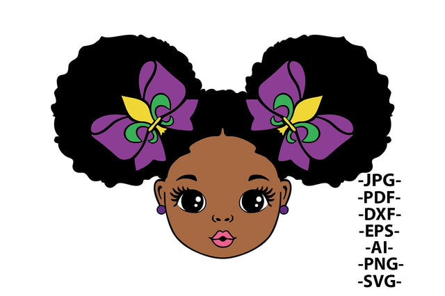 Mardi Gras Black Girl SVG Afro Puffs with Bows Clipart PNG DXF PDF EPS JPG AI Cute Purple Green Gold Design for Cricut and Sublimation SVG 1uniqueminute 