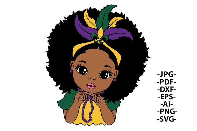 Mardi Gras Black Girl SVG Holding Beads Afro Hair Clipart PNG DXF PDF EPS JPG AI Cute Carnival Design for Cricut and Sublimation Crafts SVG 1uniqueminute 