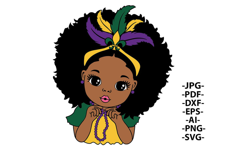 Mardi Gras Black Girl SVG Holding Beads Afro Hair Clipart PNG DXF PDF EPS JPG AI Cute Carnival Design for Cricut and Sublimation Crafts SVG 1uniqueminute 