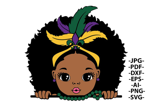 Mardi Gras Black Girl SVG Peeking Afro Puff Clipart with Beads and Feathers PNG DXF PDF EPS JPG AI Festive Carnival Design for Cricut SVG 1uniqueminute 