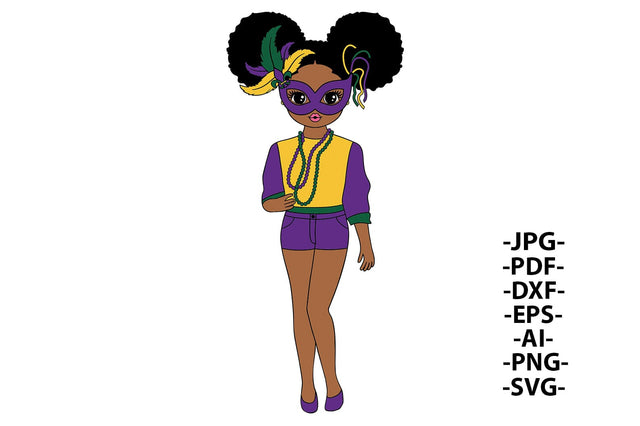 Mardi Gras Black Girl SVG with Mask Beads and Afro Puffs PNG DXF PDF EPS JPG AI Carnival Parade Costume Clipart for Cricut Projects SVG 1uniqueminute 