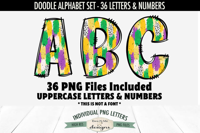 Mardi Gras Brush Stroke Doodle Alphabet Numbers | PNG Files Sublimation Ewe-N-Me Designs 