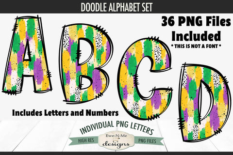 Mardi Gras Brush Stroke Doodle Alphabet Numbers | PNG Files Sublimation Ewe-N-Me Designs 