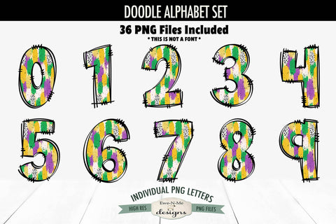 Mardi Gras Brush Stroke Doodle Alphabet Numbers | PNG Files Sublimation Ewe-N-Me Designs 