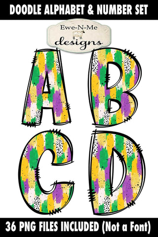 Mardi Gras Brush Stroke Doodle Alphabet Numbers | PNG Files Sublimation Ewe-N-Me Designs 