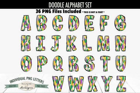 Mardi Gras Brush Stroke Doodle Alphabet Numbers | PNG Files Sublimation Ewe-N-Me Designs 