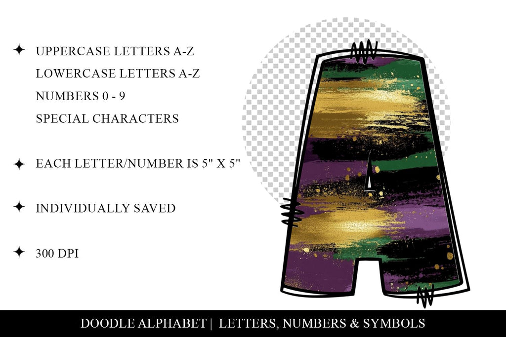 Mardi Gras Brush Stroke Hand Drawn Doodle Letter Alphabet - So Fontsy