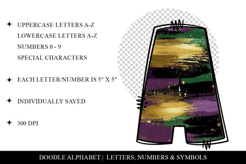 Mardi Gras Brush Stroke Hand Drawn Doodle Letter Alphabet Sublimation BijouBay 