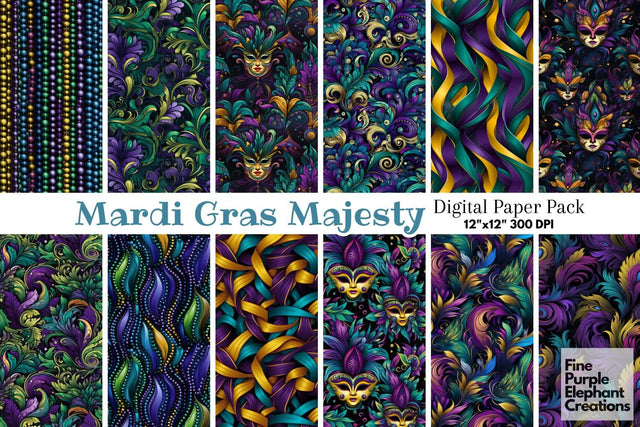 Mardi Gras Carnival Digital Paper | Brazilian Masquerade Fat Tuesday Digital Pattern Fine Purple Elephant Creations 