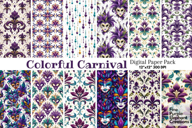 Mardi Gras Digital Paper | Masquerade Fleur de Lis Digital Pattern Fine Purple Elephant Creations 