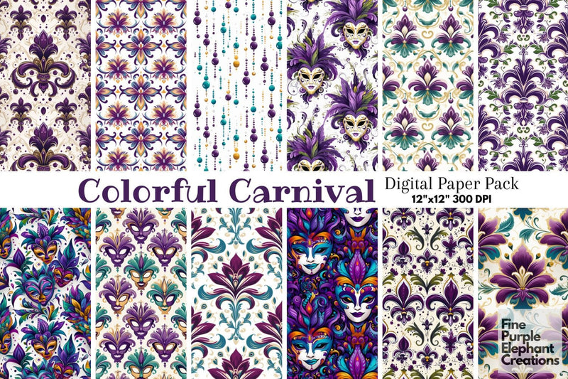 Mardi Gras Digital Paper | Masquerade Fleur de Lis Digital Pattern Fine Purple Elephant Creations 