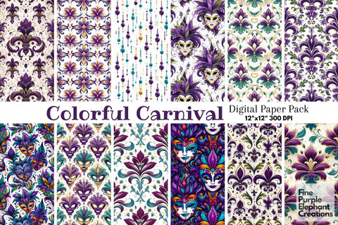 Mardi Gras Digital Paper | Masquerade Fleur de Lis Digital Pattern Fine Purple Elephant Creations 