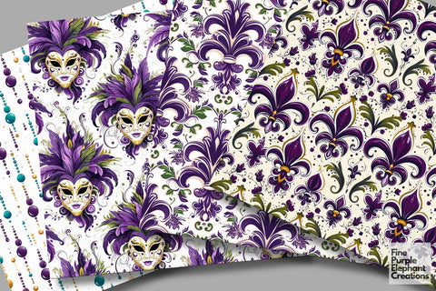 Mardi Gras Digital Paper | Masquerade Fleur de Lis Digital Pattern Fine Purple Elephant Creations 