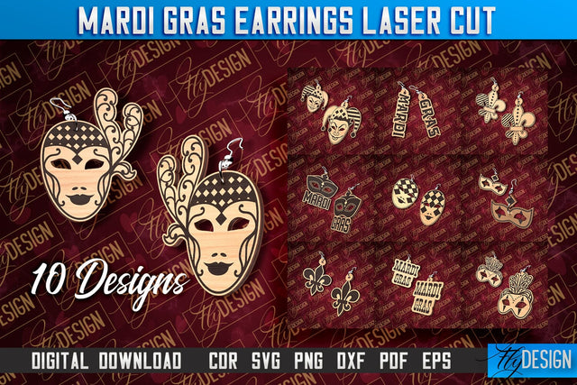 Mardi Gras Earrings Laser Cut | Accessories Laser Cut SVG Design | CNC Files SVG Fly Design 