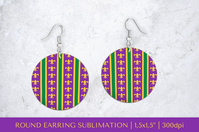 Mardi Gras earrings sublimation. Fleur de Lis round earring SVG LaBelezoka 