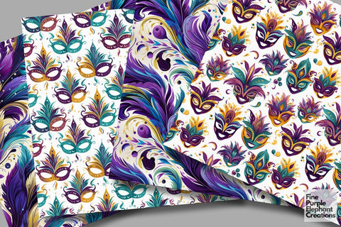 Mardi Gras Feather Digital Paper | Masquerade Fleur de Lis Digital Pattern Fine Purple Elephant Creations 