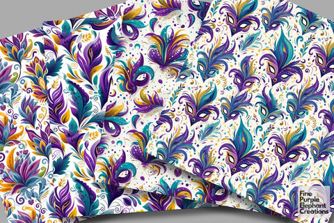 Mardi Gras Feather Digital Paper | Masquerade Fleur de Lis Digital Pattern Fine Purple Elephant Creations 