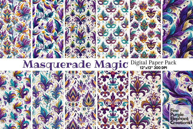 Mardi Gras Feather Digital Paper | Masquerade Fleur de Lis Digital Pattern Fine Purple Elephant Creations 