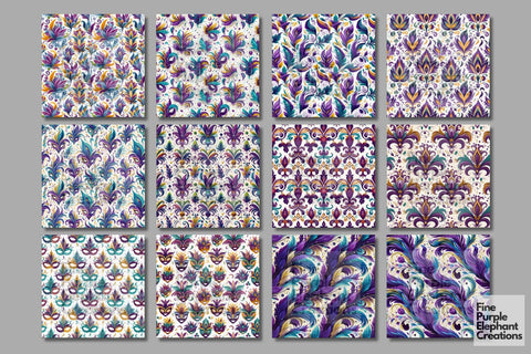 Mardi Gras Feather Digital Paper | Masquerade Fleur de Lis Digital Pattern Fine Purple Elephant Creations 