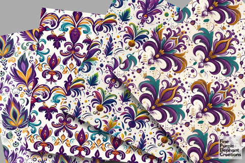 Mardi Gras Feather Digital Paper | Masquerade Fleur de Lis Digital Pattern Fine Purple Elephant Creations 