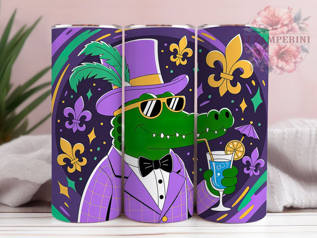 Mardi Gras Gator Tumbler, Carnival Gator Wrap, Festive Party Cup, 20oz Sublimation Wrap, New Orleans Celebration Tumbler, Colorful Alligator Design Cup, Mardi Gras Animal Theme Wrap Sublimation Li Zamperini 