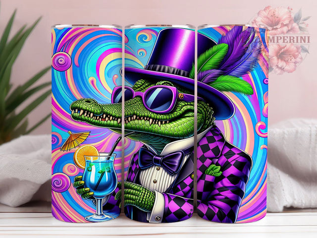 Mardi Gras Gator Tumbler, Carnival Gator Wrap, Festive Party Cup, 20oz Sublimation Wrap, New Orleans Celebration Tumbler, Colorful Alligator Design Cup, Mardi Gras Animal Theme Wrap Sublimation Li Zamperini 