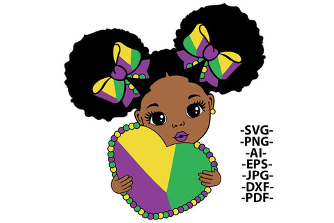 Mardi Gras Girl SVG PNG JPG PDF DXF EPS AI Cute Afro Girl Holding Heart Carnival Clipart Digital File for T Shirt Sublimation Design SVG 1uniqueminute 