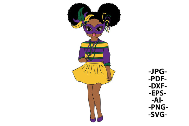 Mardi Gras Girl SVG with Mask and Beads Afro Puffs Clipart PNG DXF PDF EPS JPG AI Carnival Costume Design for Cricut and Sublimation SVG 1uniqueminute 