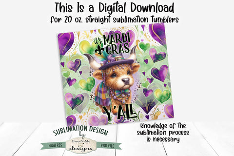 Mardi Gras Highland Cow | 20 oz Seamless Tumbler Wrap Design Sublimation Ewe-N-Me Designs 