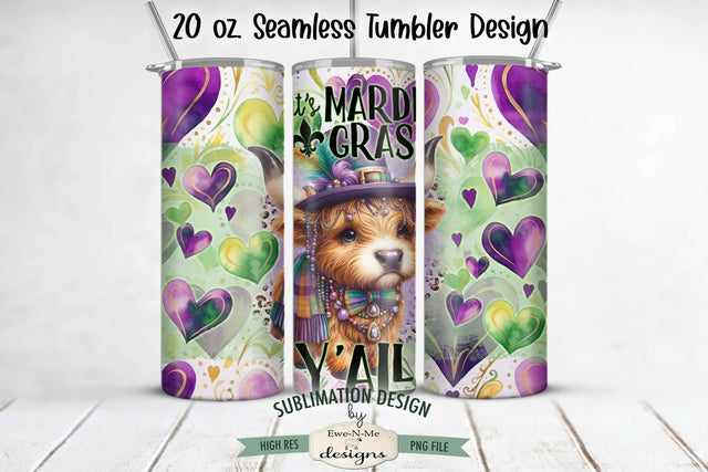 Mardi Gras Highland Cow | 20 oz Seamless Tumbler Wrap Design Sublimation Ewe-N-Me Designs 