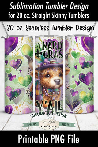 Mardi Gras Highland Cow | 20 oz Seamless Tumbler Wrap Design Sublimation Ewe-N-Me Designs 