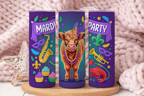 Mardi Gras Highland Cow 20oz Tumbler Sublimation DesignSVG 