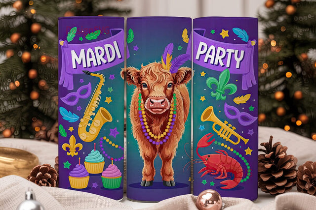 Mardi Gras Highland Cow 20oz Tumbler Sublimation DesignSVG 