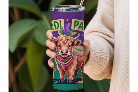 Mardi Gras Highland Cow 20oz Tumbler Sublimation DesignSVG 