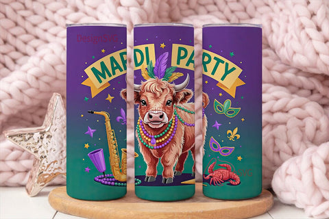 Mardi Gras Highland Cow 20oz Tumbler Sublimation DesignSVG 